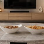 Ribbed Oval Serving Plate Set of 6 White Ceramic Gold Rim