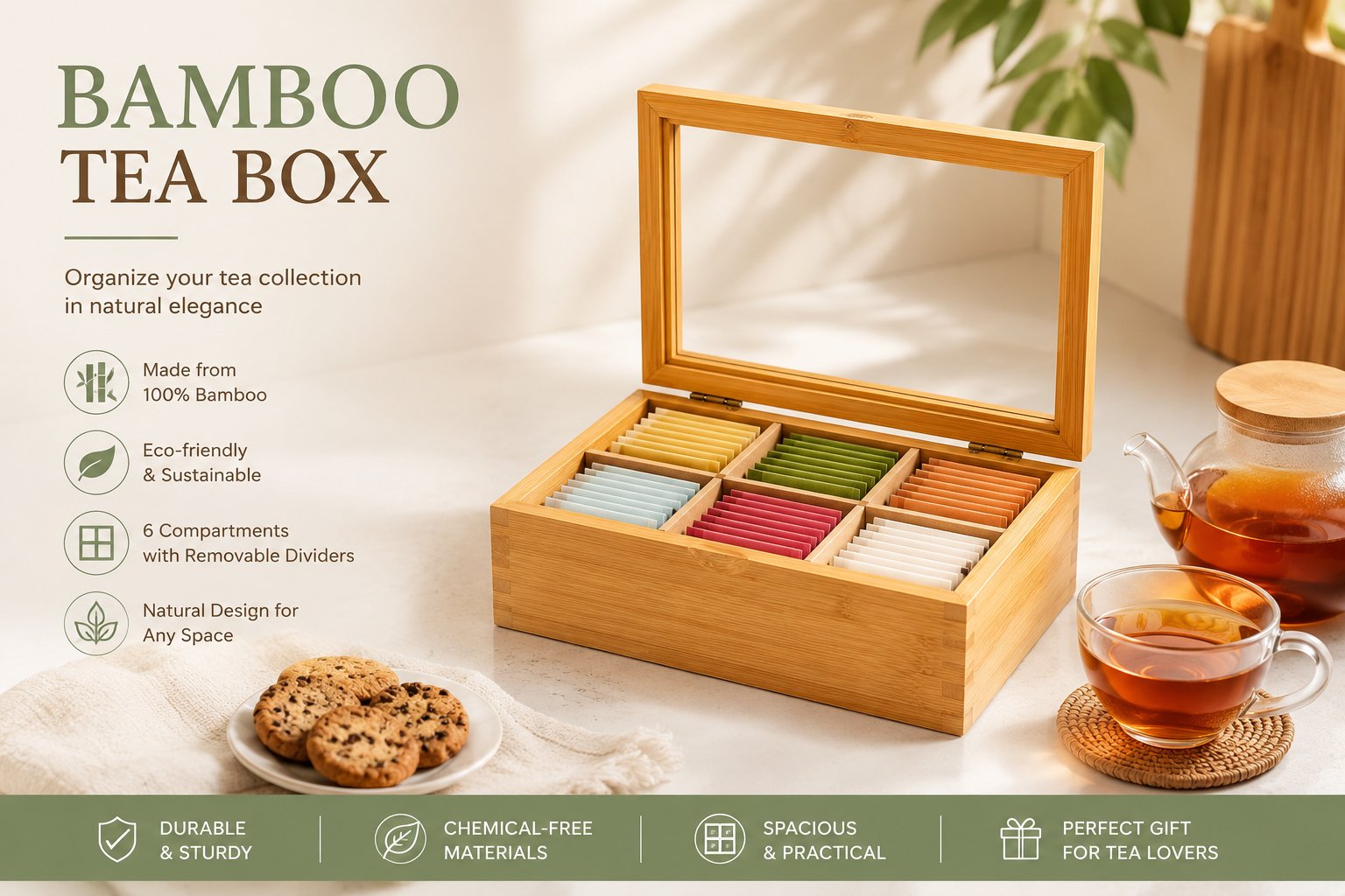 Natural Bamboo Tea Box With 6 Compartments