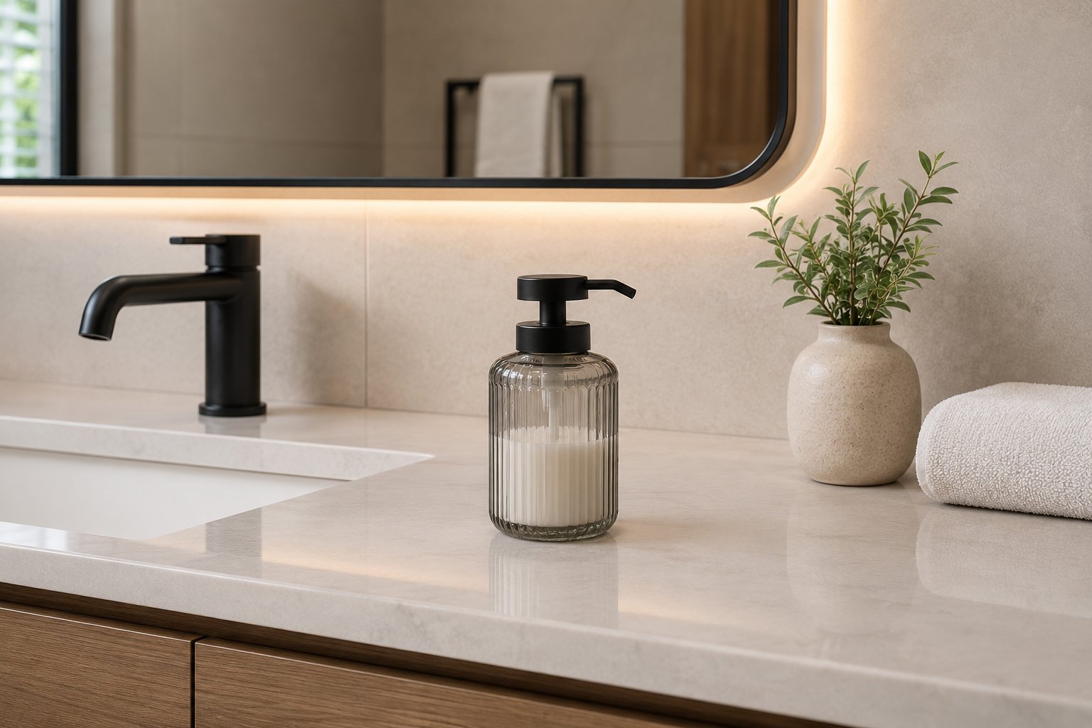 glass soap dispenser with matte black pump for bathroom or kitchen countertop use.