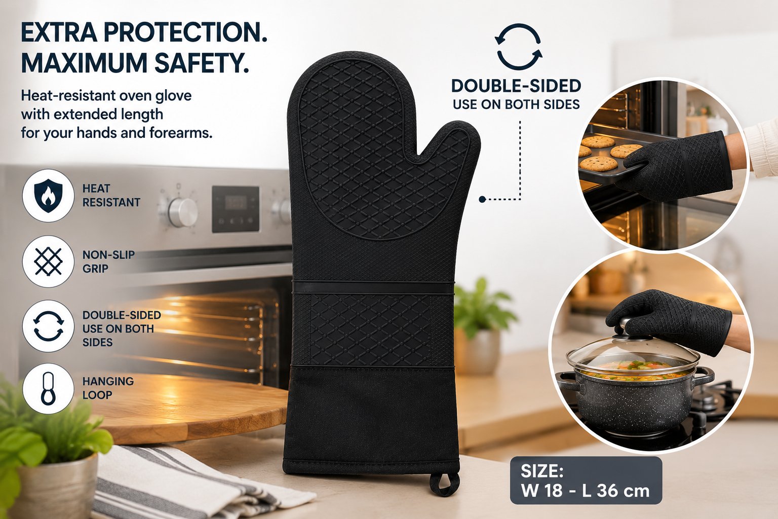 Black extra-long silicone oven glove with double-sided non-slip grip