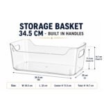 plastic storage basket with built-in handles for refrigerator, pantry, bathroom, and home organization.