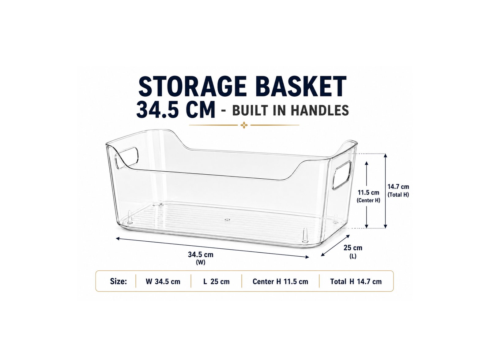 plastic storage basket with built-in handles for refrigerator, pantry, bathroom, and home organization.