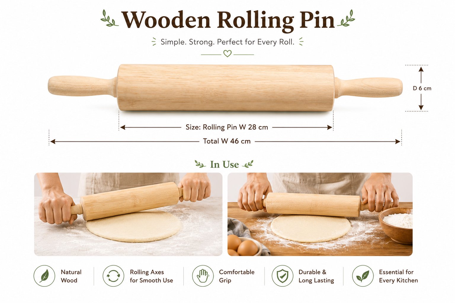 Rolling Pin with Rotating Handles Natural Wood