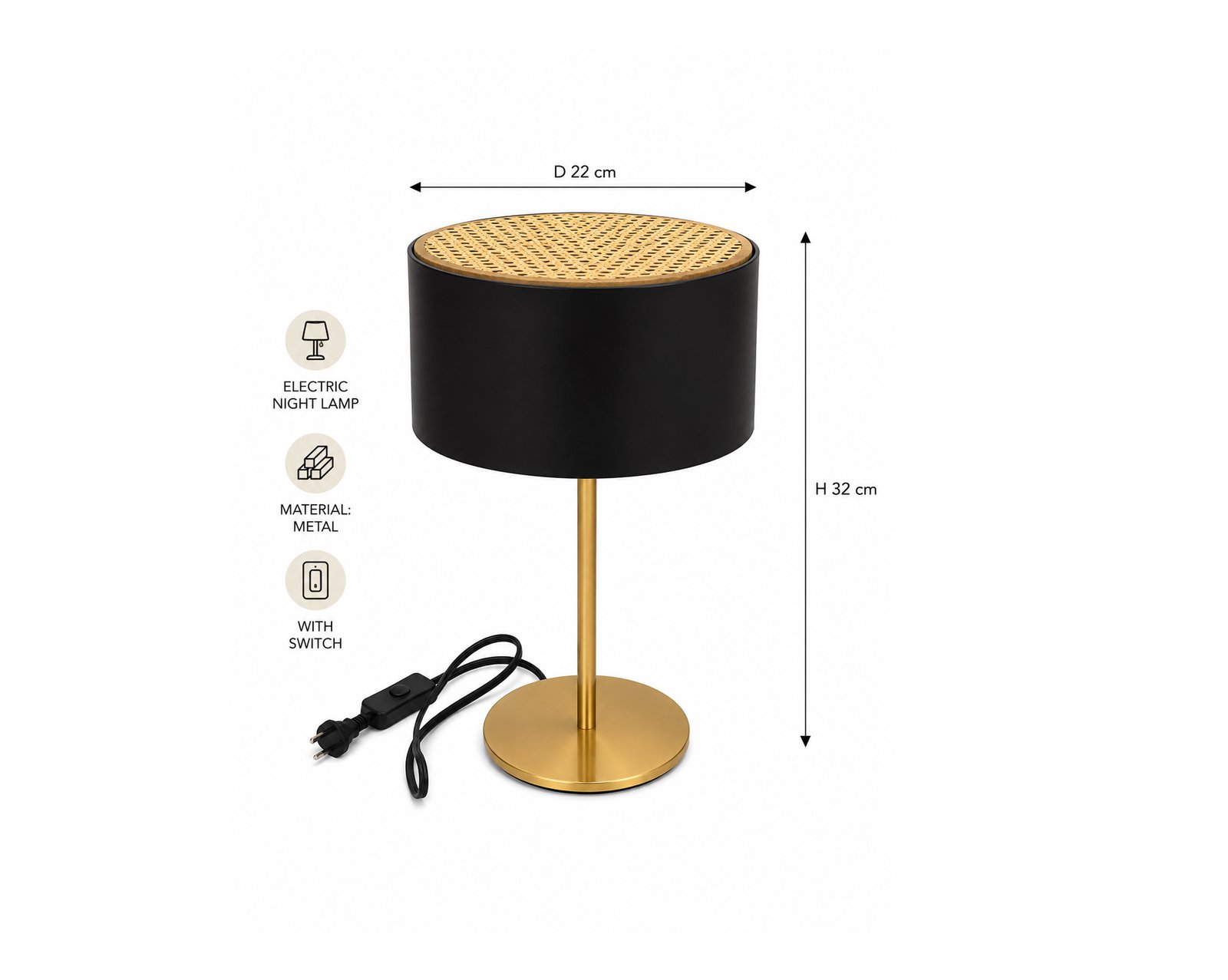 Black Gold Metal Night Lamp With Switch 32cm