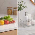 plastic storage basket with built-in handles for refrigerator, pantry, bathroom, and home organization.