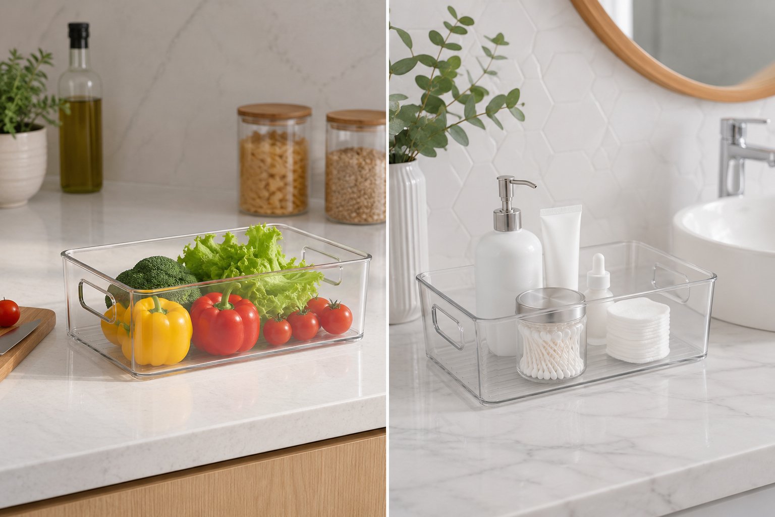 plastic storage basket with built-in handles for refrigerator, pantry, bathroom, and home organization.