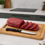 Pack of 6 stainless steel serrated steak knives with black ergonomic handles and 11 cm blades.
