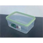 BPA-free food storage container with transparent body, airtight snap-lock lid, and stackable design for kitchen food storage.
