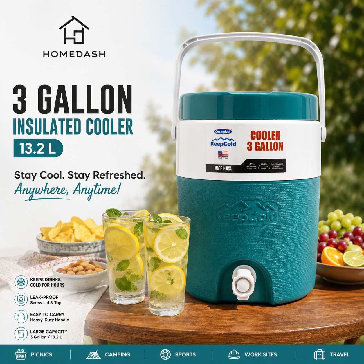 Red 3 Gallon (13.2L) insulated water cooler with leak-proof tap, screw lid, and carrying handle
