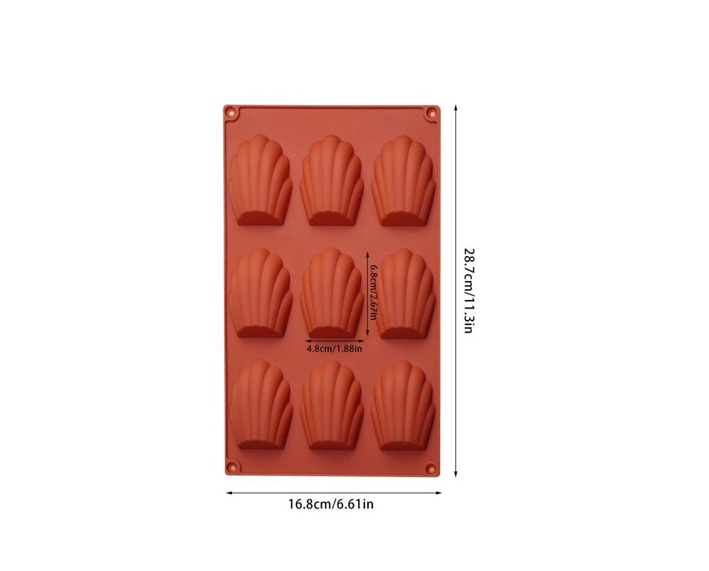 silicone 9-cavity madeleine shell cake mold with non-stick flexible food-grade silicone for baking cakes, cookies, chocolates, and desserts.