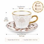 Elegant 6-piece white glass tea cup set with gold-rimmed ceramic saucers featuring a brocade floral pattern and ergonomic gold handles.