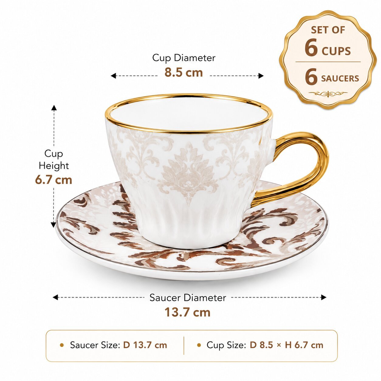Elegant 6-piece white glass tea cup set with gold-rimmed ceramic saucers featuring a brocade floral pattern and ergonomic gold handles.