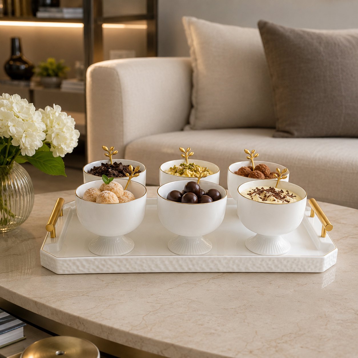serving set featuring a serving tray, six gold-rim dessert bowls, and six matching leaf-shaped dessert spoons.