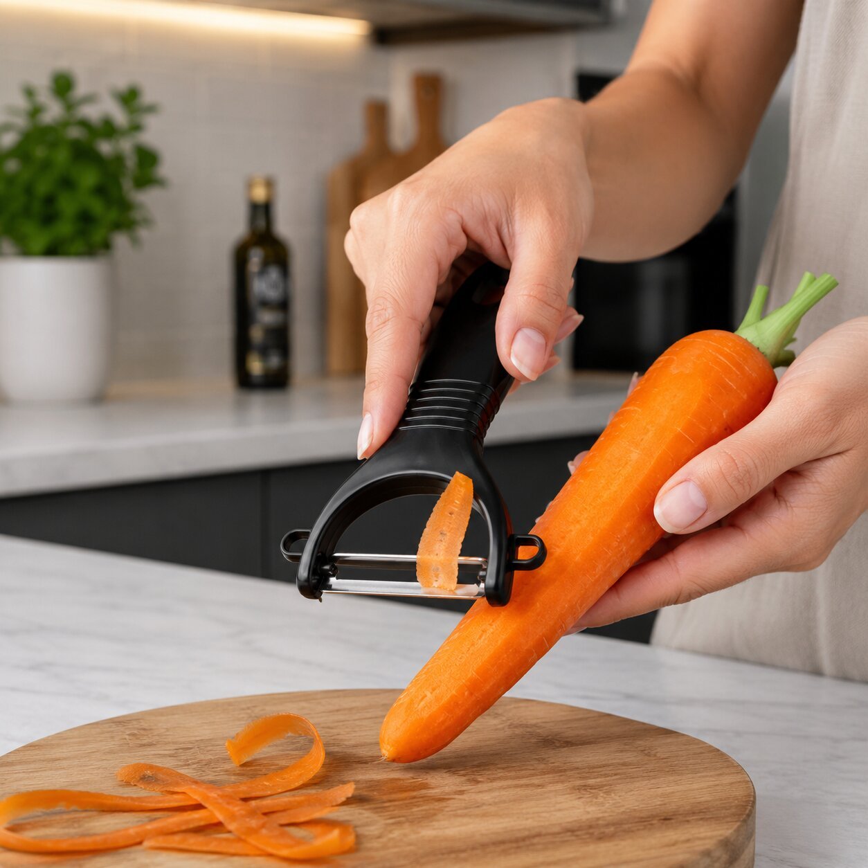 Dosthoff Y-shaped vegetable and potato peeler with sharp stainless steel blade and ergonomic non-slip handle for peeling fruits and vegetables.