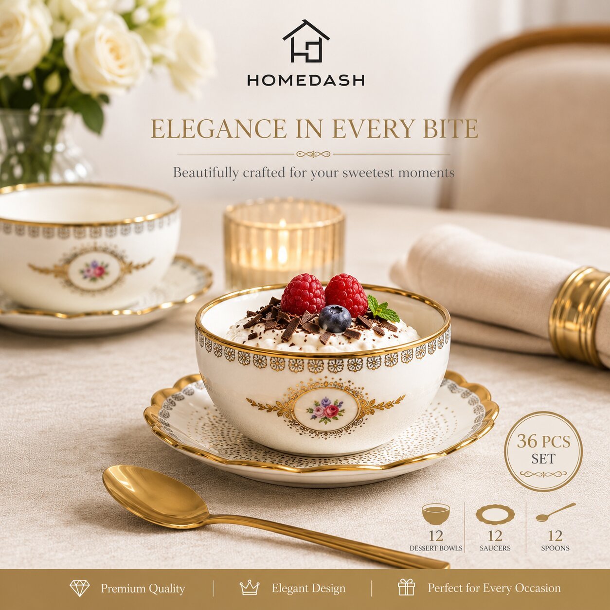 Blue Floral Dessert Bowls with Saucers & Gold Spoons Set