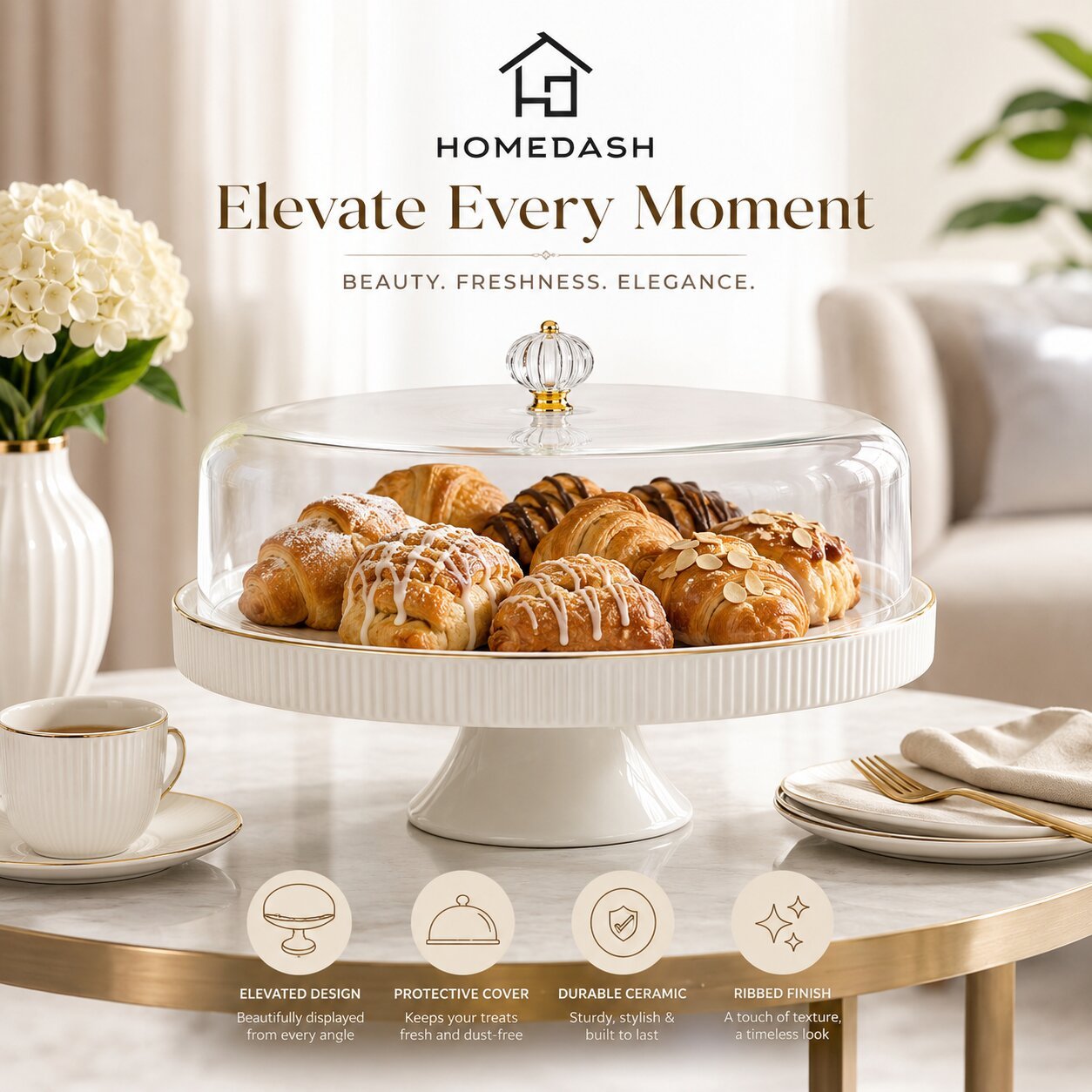 White ribbed ceramic elevated cake stand with gold rim
