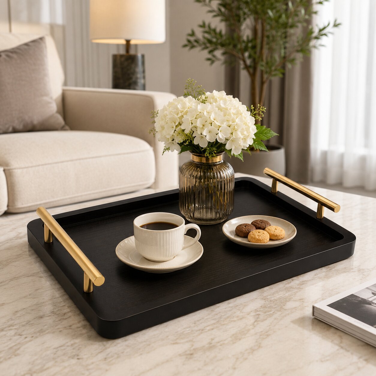 Wooden Serving Tray with Gold Metal Handles 40 cm