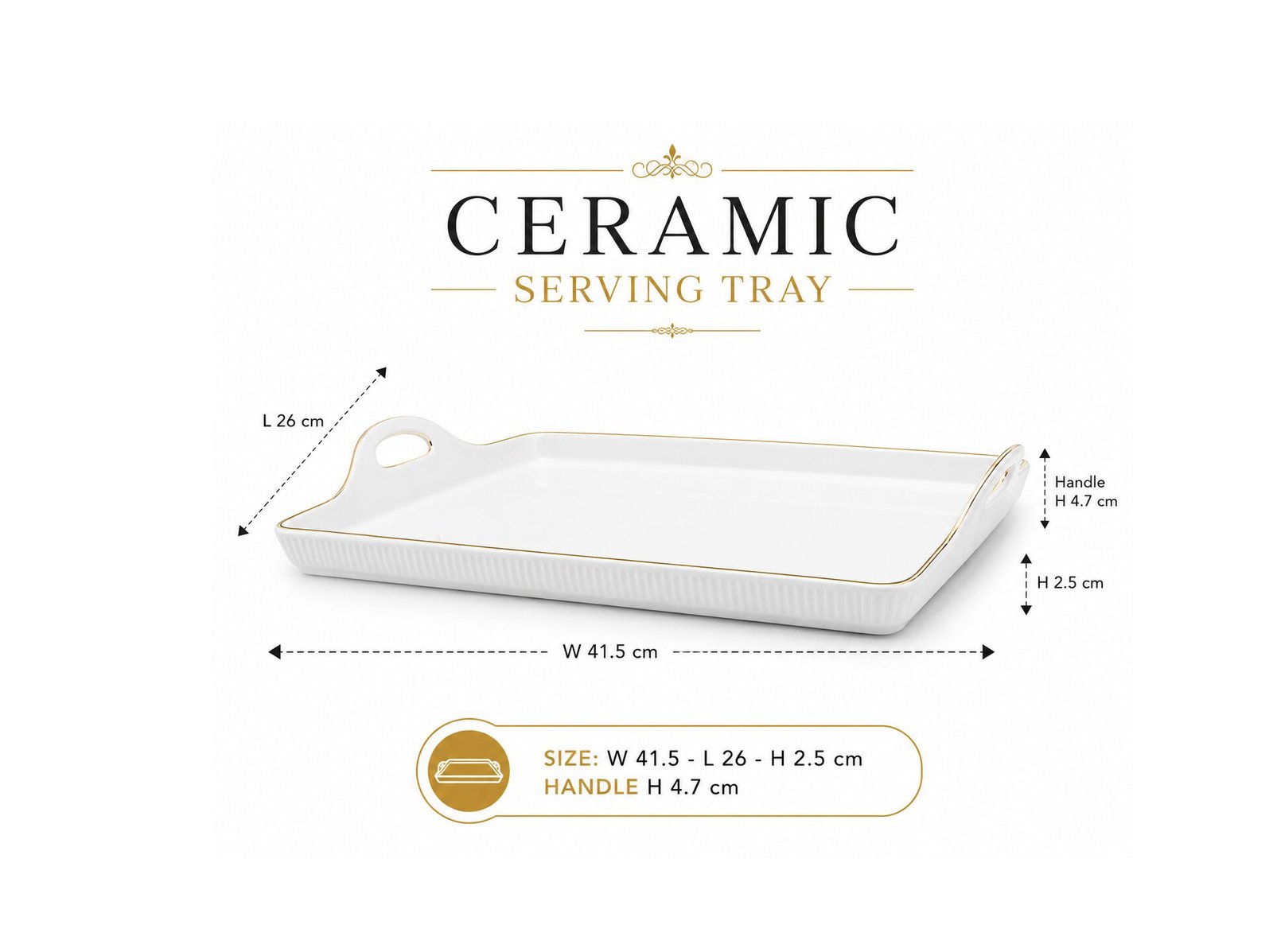 Rectangular Ceramic Serving Tray Gold Rim 41.5 cm