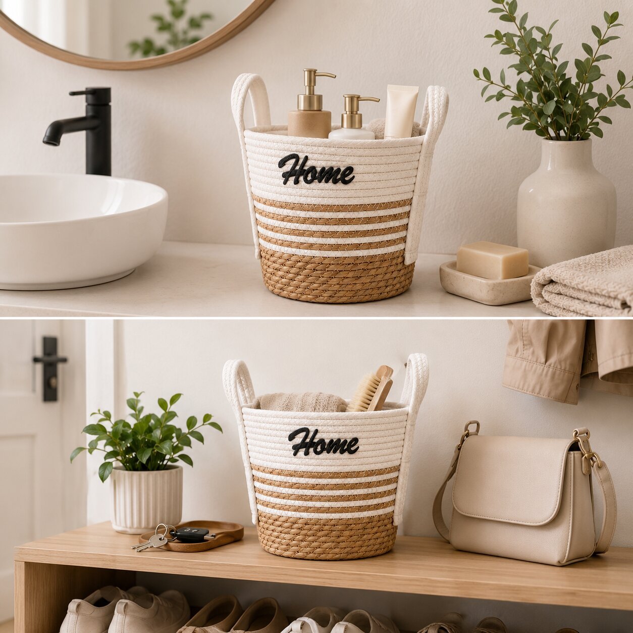 Round Seagrass Storage Basket with Handles 24 cm