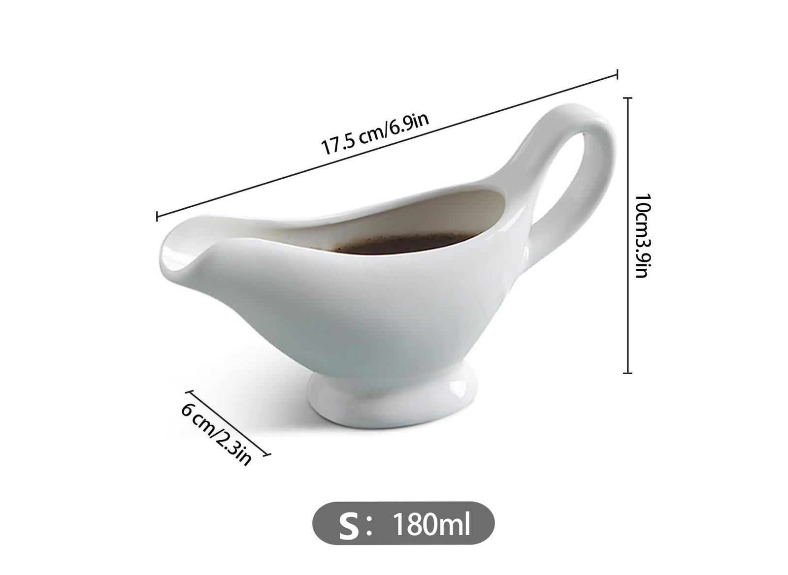 White porcelain mini gravy boat with a modern minimalist design for serving gravy, sauces, dips, and dressings.