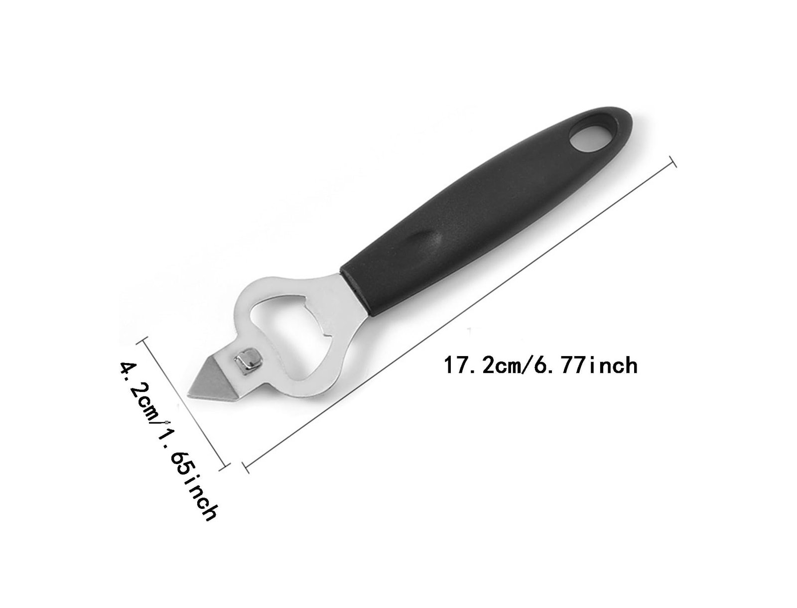 bottle and can opener with ergonomic grip and hanging hole for easy kitchen storage.