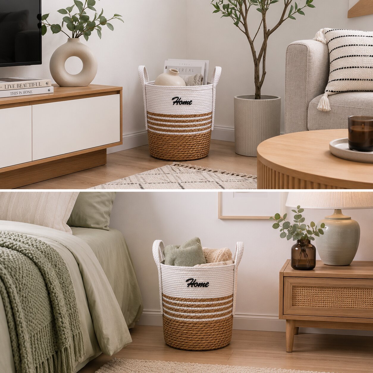 Round Seagrass Storage Basket with Handles 30 cm