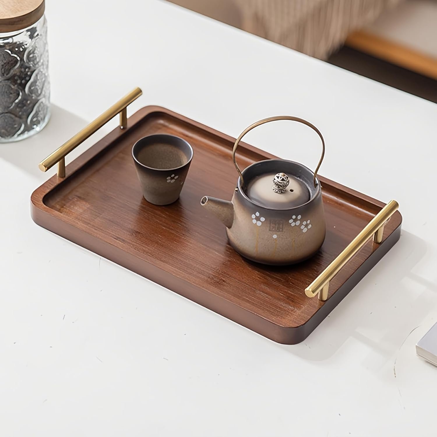 Wooden Serving Tray with Gold Metal Handles 30 cm