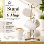 ceramic mug set with six ribbed mugs featuring gold rims and a gold metal stand for coffee and tea organization.
