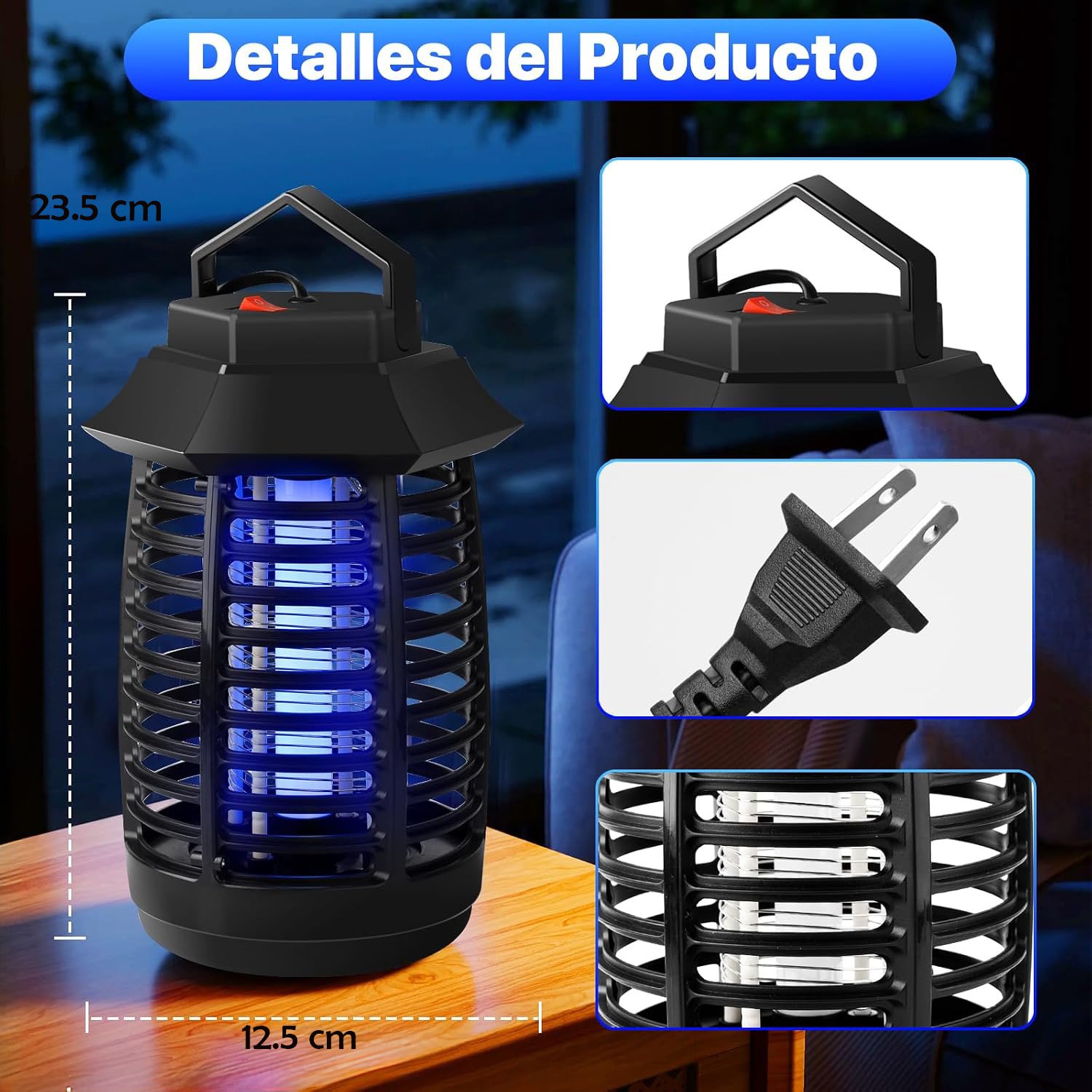 mosquito killer lamp with hanging hook, protective safety grille, ultraviolet light, and high-voltage electric grid for chemical-free indoor insect control.