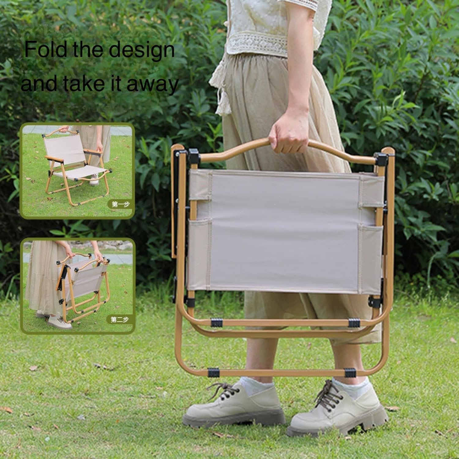 portable foldable outdoor chair with wooden frame, metal supports,