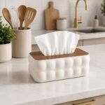 Rounded Texture Tissue Box with MDF Wood Cover Modern White Design