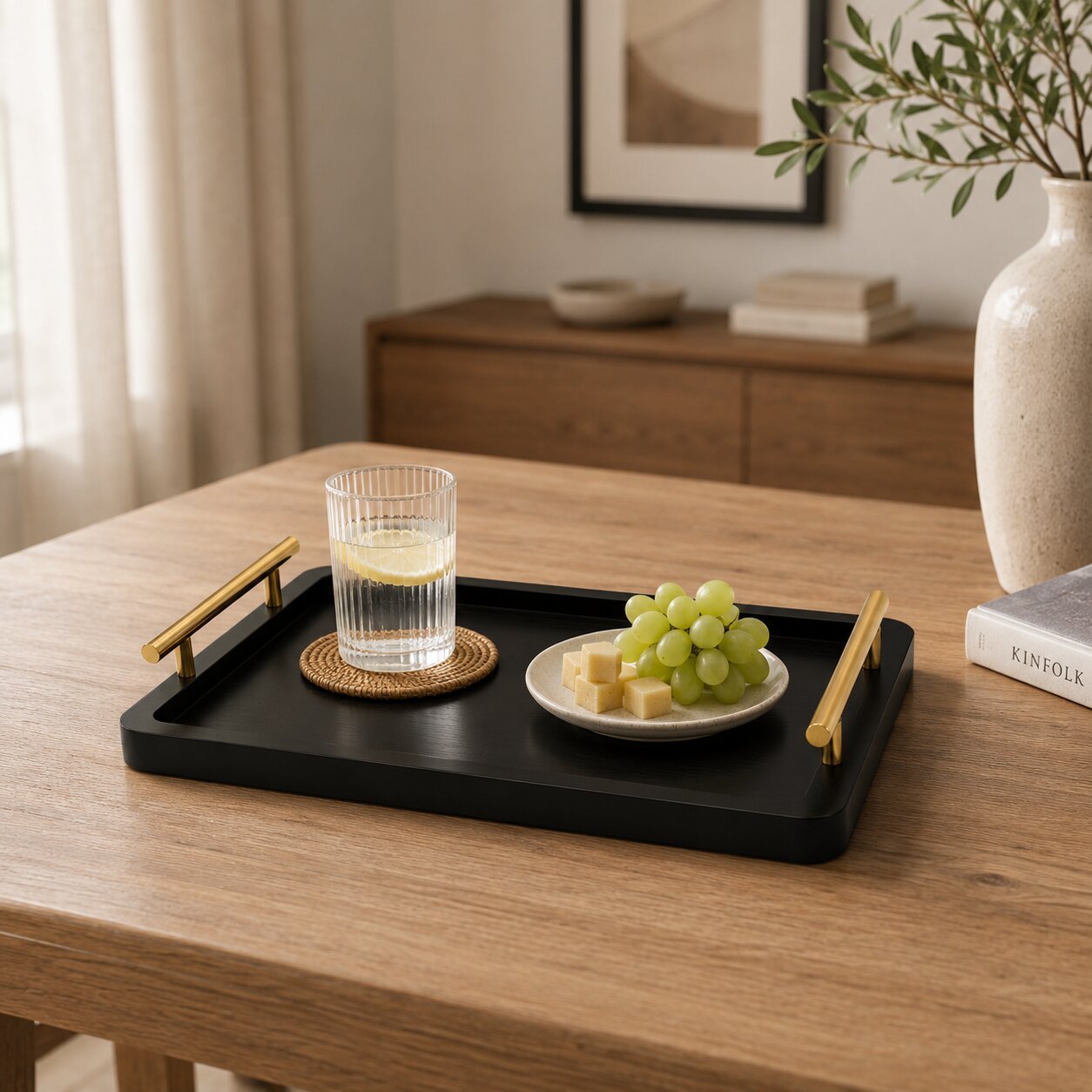 Wooden Serving Tray with Gold Metal Handles 36 cm