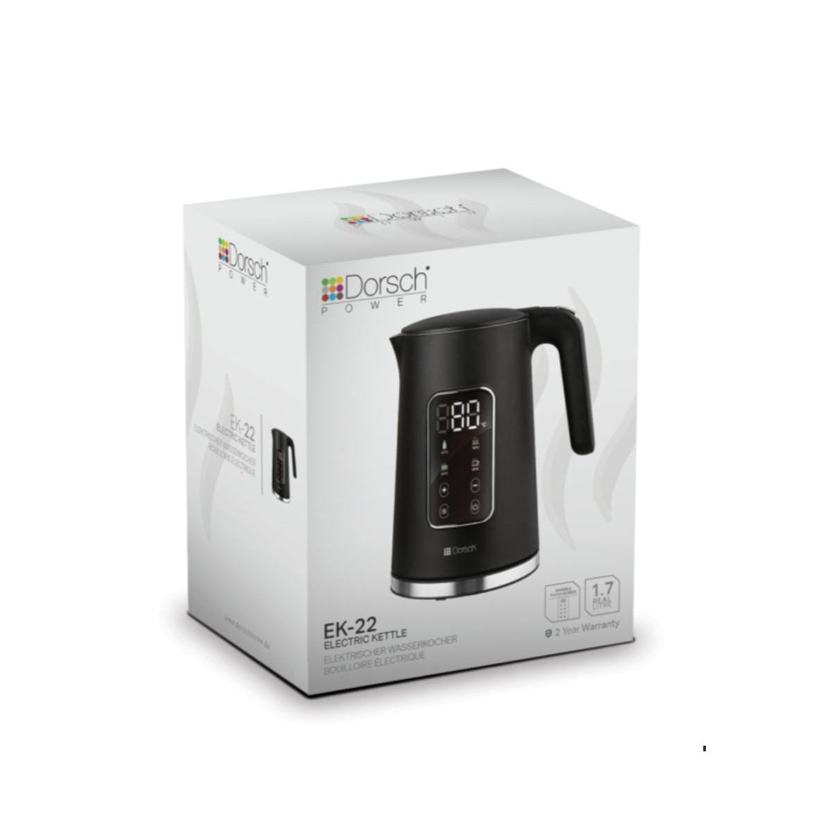 electric kettle with LED touch screen, five temperature presets, and cordless 360° swivel base.