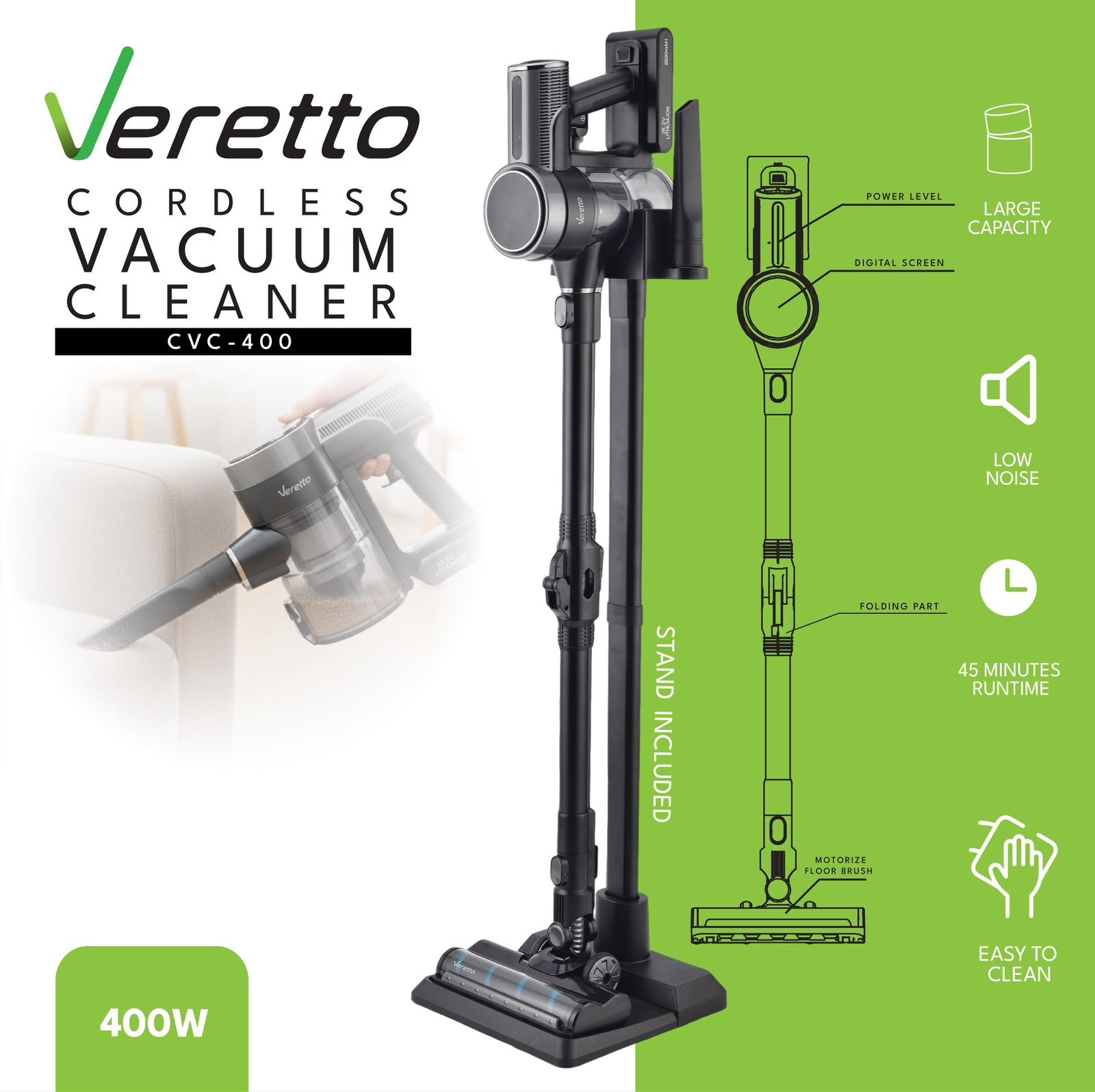 Veretto CVC-400 400W Cordless Stick Vacuum Cleaner with Stand