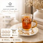 Tea Set 6 Glass Cups with Ceramic Saucers Gold Rim