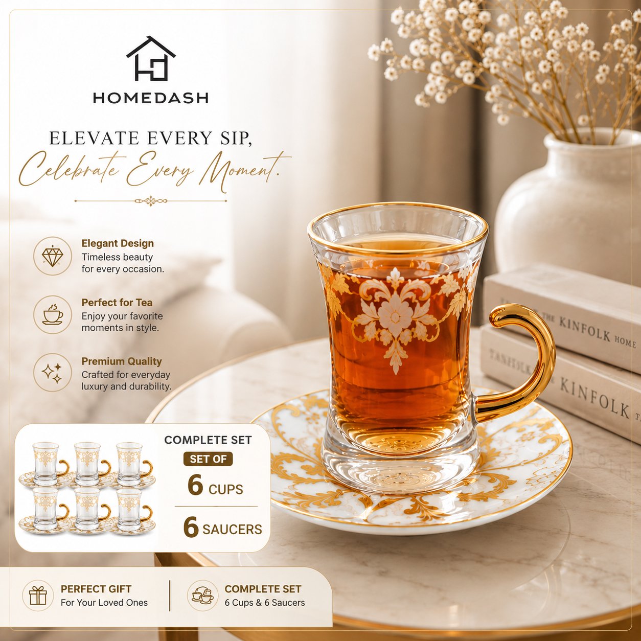 Tea Set 6 Glass Cups with Ceramic Saucers Gold Rim
