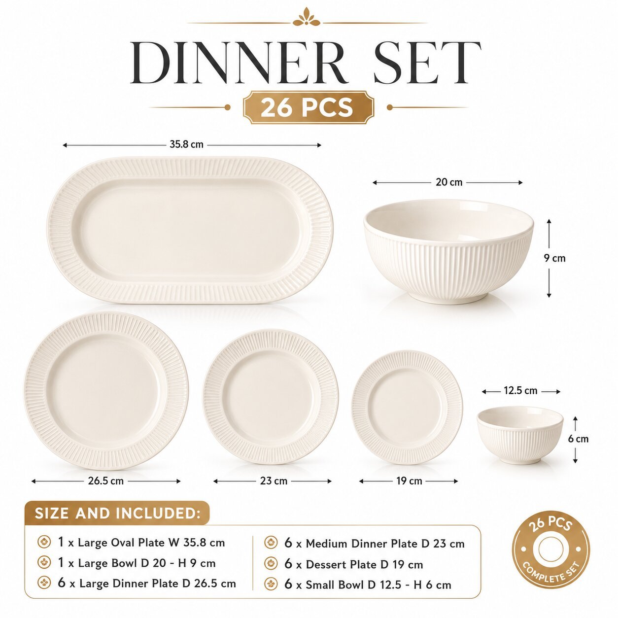Ribbed White Ceramic Dinner Set 26 PCS