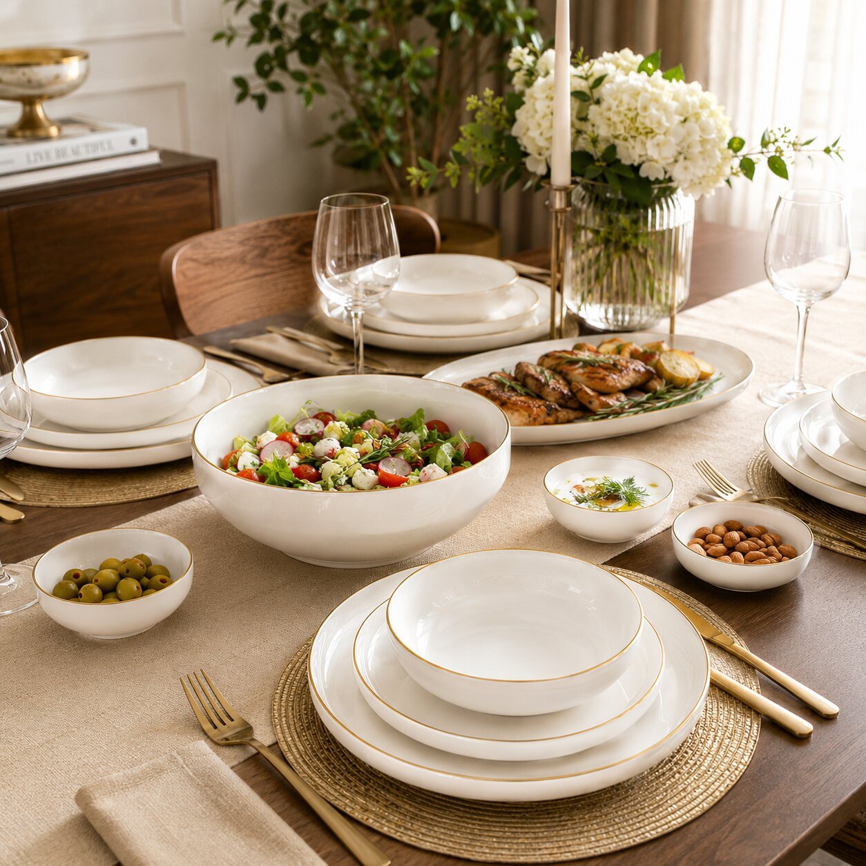 White Ceramic Gold Rim Dinner Set 26 PCS