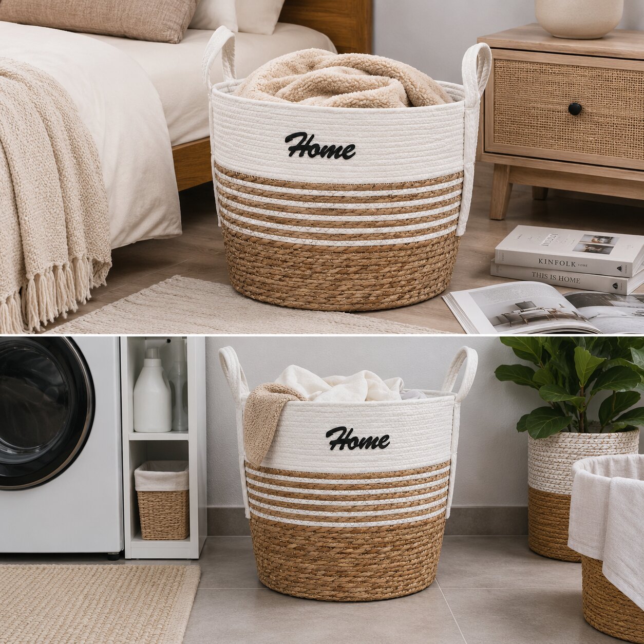 Round Seagrass Storage Basket with Handles 33 cm