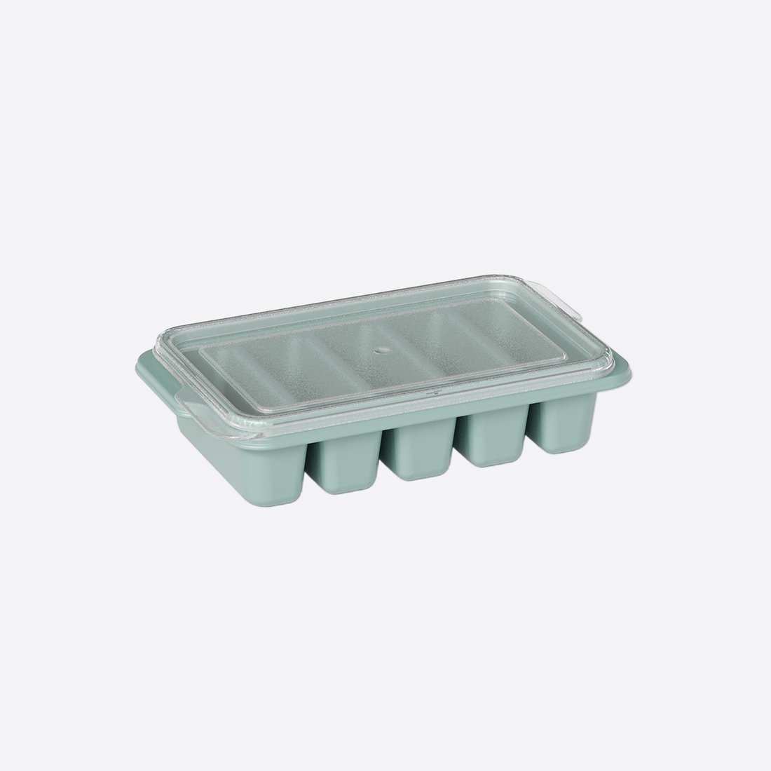 BPA-free mini bottle ice cube tray with transparent lid featuring five long ice stick compartments.