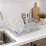 Transparent plastic dish drainer set with removable drip tray,
