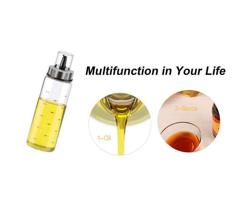 borosilicate glass oil dispenser with anti-drip stainless steel pouring spout and protective cap