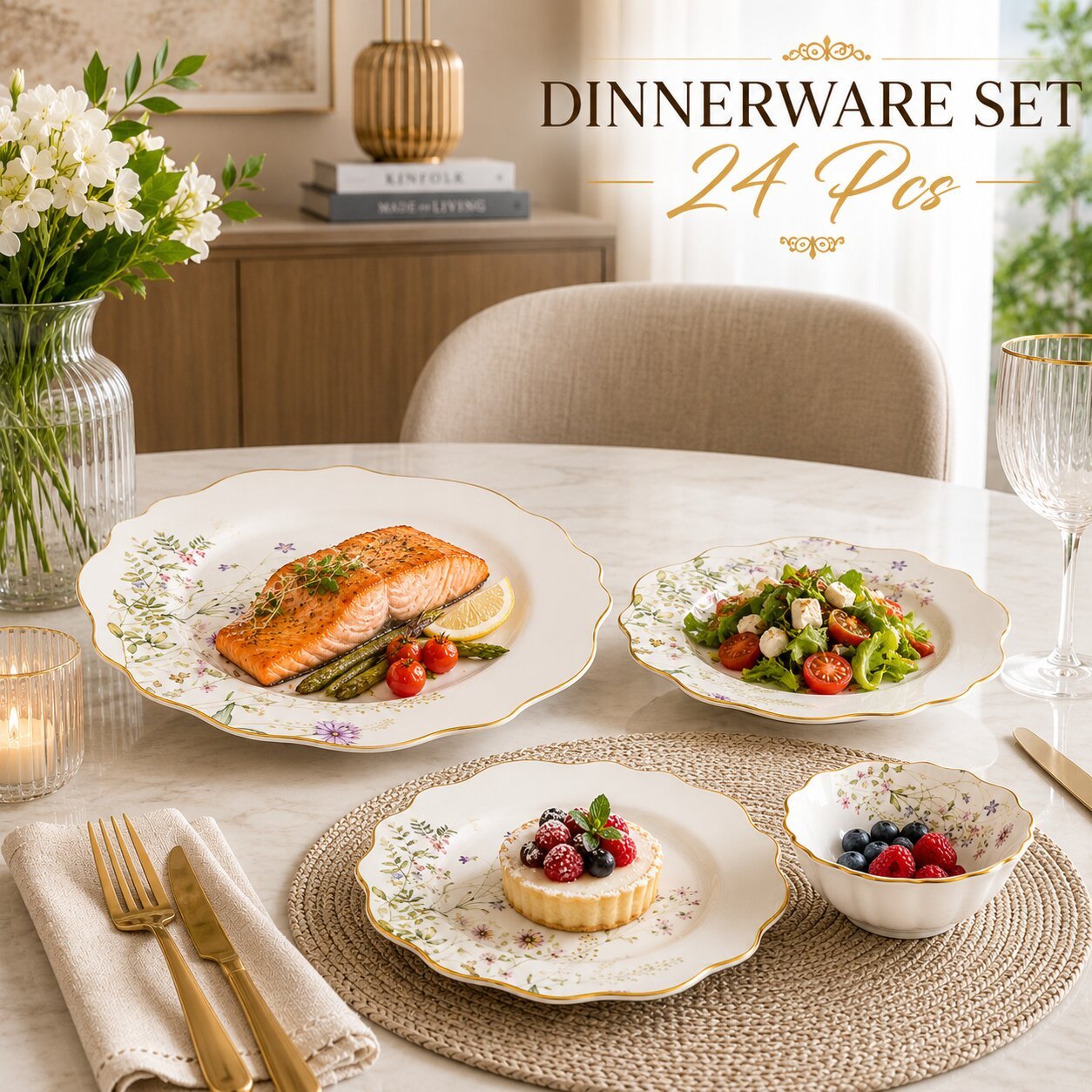 Floral Ceramic Dinner Set 24 Pcs Gold Trim