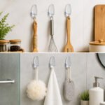 Three transparent self-adhesive wall hooks with 0.8kg load capacity for hanging towels, keys, and kitchen accessories on smooth surfaces without drilling.