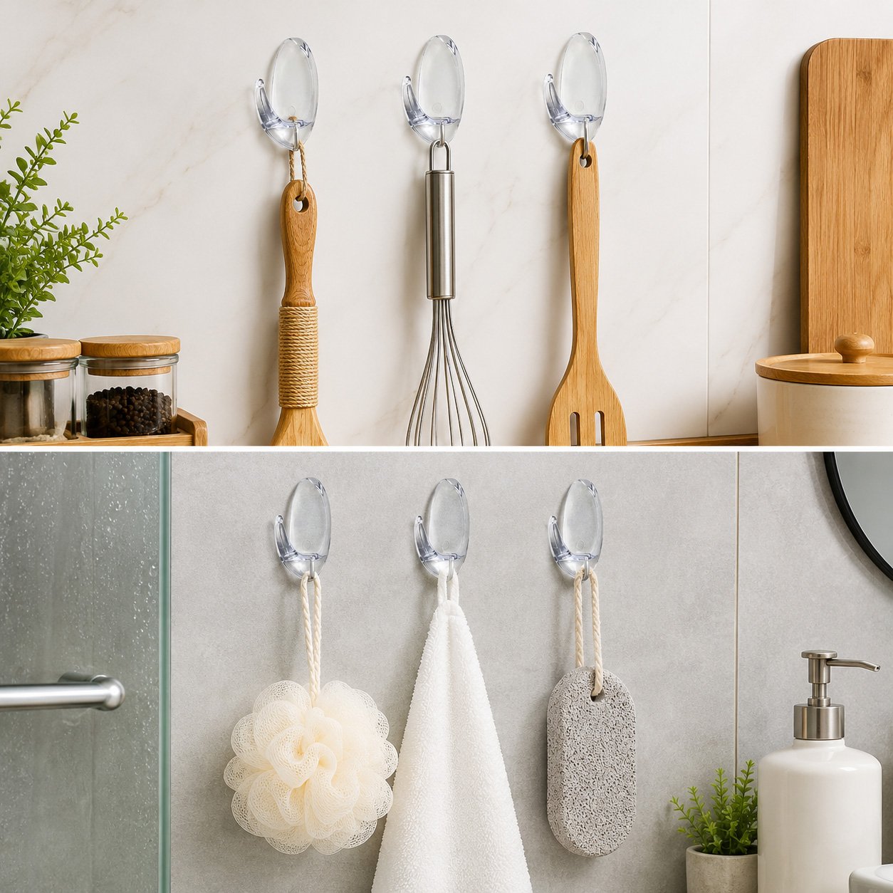 Three transparent self-adhesive wall hooks with 0.8kg load capacity for hanging towels, keys, and kitchen accessories on smooth surfaces without drilling.
