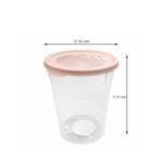 Transparent 1.1L round BPA-free food storage container with easy-open handled lid available in five colors.
