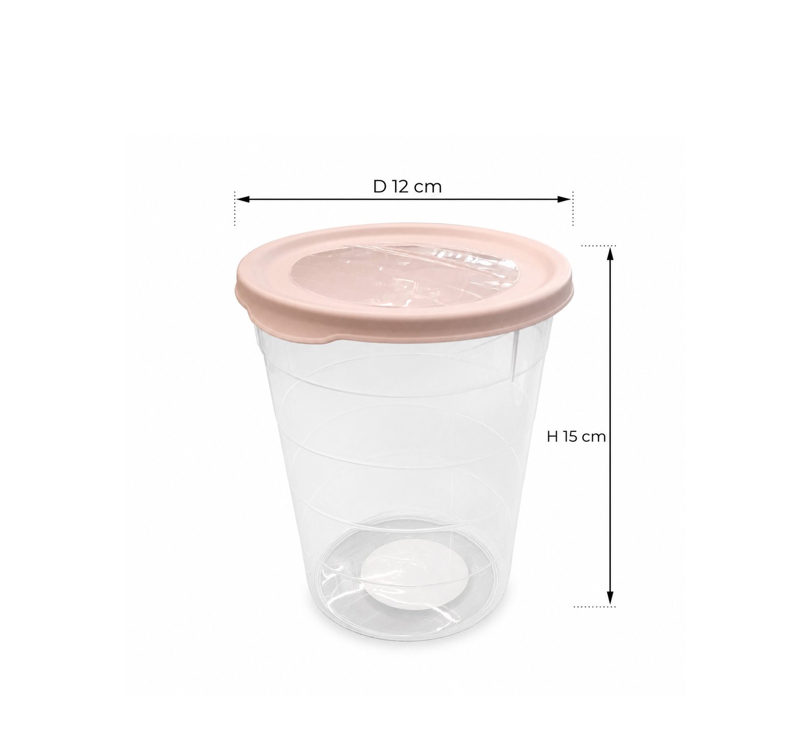 Transparent 1.1L round BPA-free food storage container with easy-open handled lid available in five colors.
