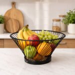metal fruit storage basket with a natural wood base for organizing fruits, vegetables, bread, and household essentials.
