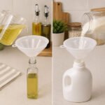 translucent 12 cm HDPE plastic funnel with wide mouth, narrow stem and hanging loop.
