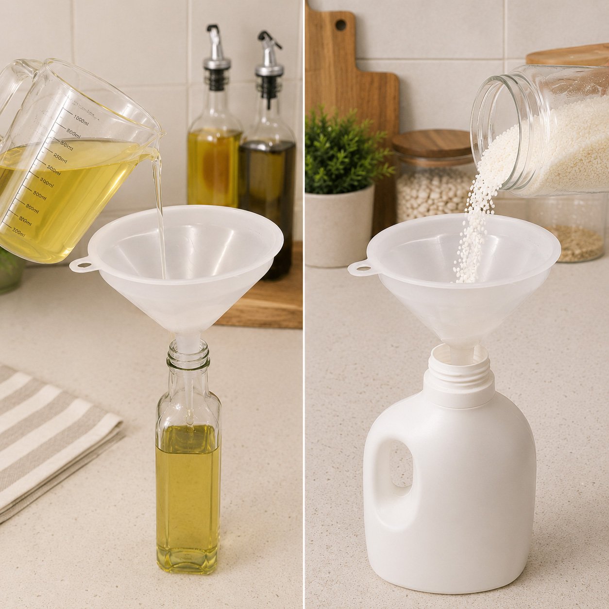 translucent 12 cm HDPE plastic funnel with wide mouth, narrow stem and hanging loop.